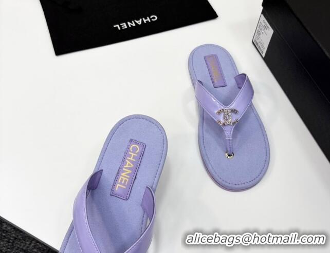 Most Popular Chanel Lambskin Flat Slide Thong Sandals with Strass CC Purple 2025 CH041621