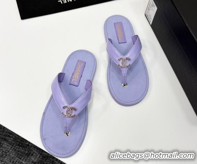 Most Popular Chanel Lambskin Flat Slide Thong Sandals with Strass CC Purple 2025 CH041621