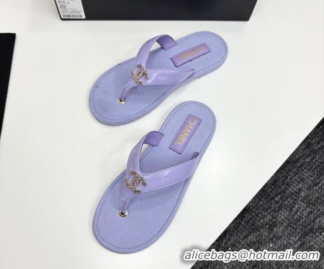 Most Popular Chanel Lambskin Flat Slide Thong Sandals with Strass CC Purple 2025 CH041621