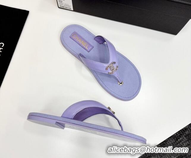 Most Popular Chanel Lambskin Flat Slide Thong Sandals with Strass CC Purple 2025 CH041621