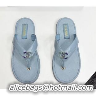 Buy Luxury Chanel Lambskin Flat Slide Thong Sandals with Strass CC Light Blue 2025 CH041621