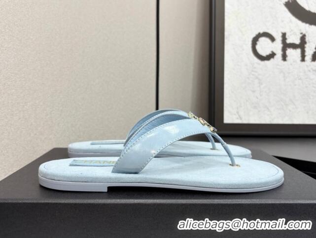 Buy Luxury Chanel Lambskin Flat Slide Thong Sandals with Strass CC Light Blue 2025 CH041621
