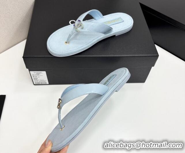 Buy Luxury Chanel Lambskin Flat Slide Thong Sandals with Strass CC Light Blue 2025 CH041621
