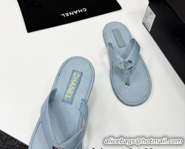 Buy Luxury Chanel Lambskin Flat Slide Thong Sandals with Strass CC Light Blue 2025 CH041621