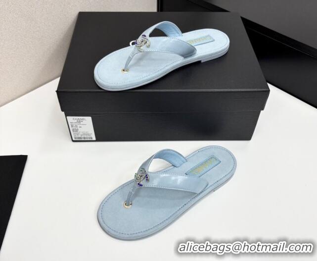 Buy Luxury Chanel Lambskin Flat Slide Thong Sandals with Strass CC Light Blue 2025 CH041621