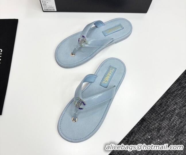 Buy Luxury Chanel Lambskin Flat Slide Thong Sandals with Strass CC Light Blue 2025 CH041621