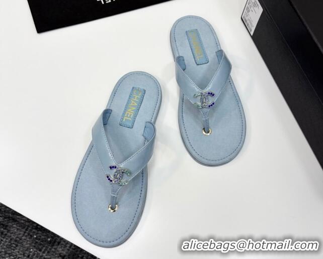 Buy Luxury Chanel Lambskin Flat Slide Thong Sandals with Strass CC Light Blue 2025 CH041621