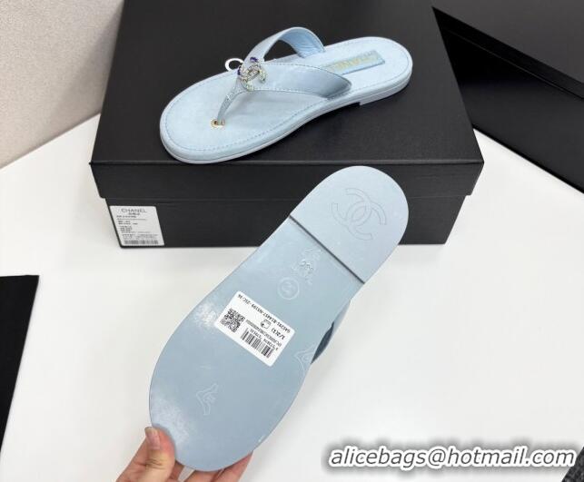 Buy Luxury Chanel Lambskin Flat Slide Thong Sandals with Strass CC Light Blue 2025 CH041621