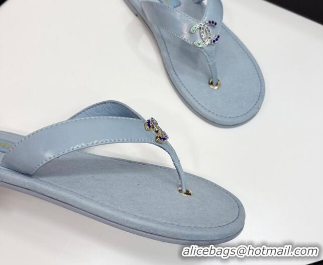 Buy Luxury Chanel Lambskin Flat Slide Thong Sandals with Strass CC Light Blue 2025 CH041621