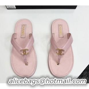 Sophisticated Chanel Lambskin Flat Slide Thong Sandals with Strass CC Light Pink 2025 CH041621
