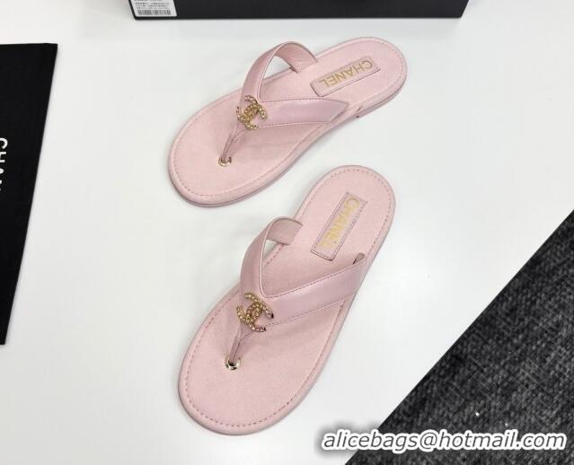 Sophisticated Chanel Lambskin Flat Slide Thong Sandals with Strass CC Light Pink 2025 CH041621