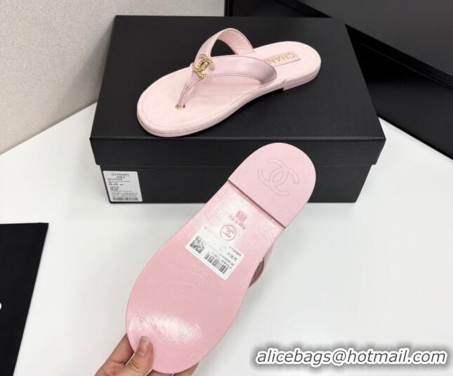 Sophisticated Chanel Lambskin Flat Slide Thong Sandals with Strass CC Light Pink 2025 CH041621