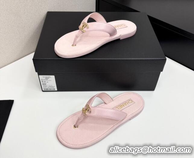 Sophisticated Chanel Lambskin Flat Slide Thong Sandals with Strass CC Light Pink 2025 CH041621