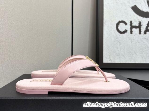 Sophisticated Chanel Lambskin Flat Slide Thong Sandals with Strass CC Light Pink 2025 CH041621