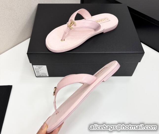 Sophisticated Chanel Lambskin Flat Slide Thong Sandals with Strass CC Light Pink 2025 CH041621