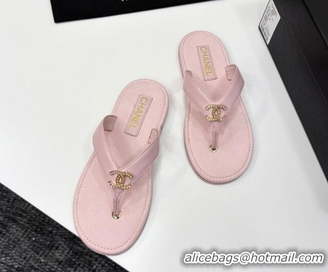 Sophisticated Chanel Lambskin Flat Slide Thong Sandals with Strass CC Light Pink 2025 CH041621