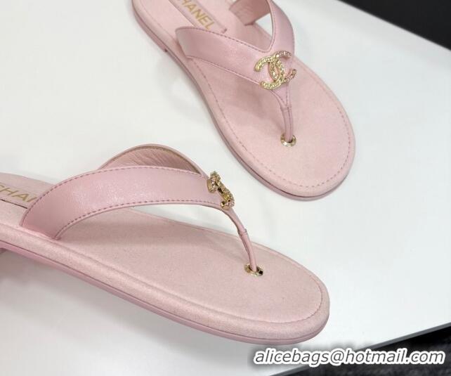 Sophisticated Chanel Lambskin Flat Slide Thong Sandals with Strass CC Light Pink 2025 CH041621