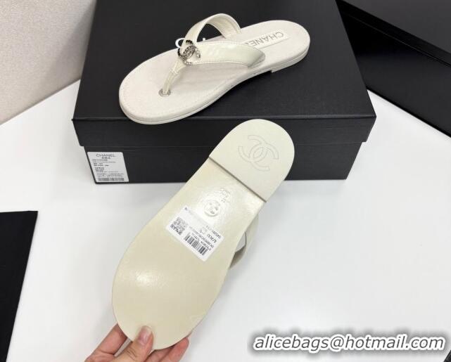 Buy Discount Chanel Lambskin Flat Slide Thong Sandals with Strass CC White 2025 CH041621