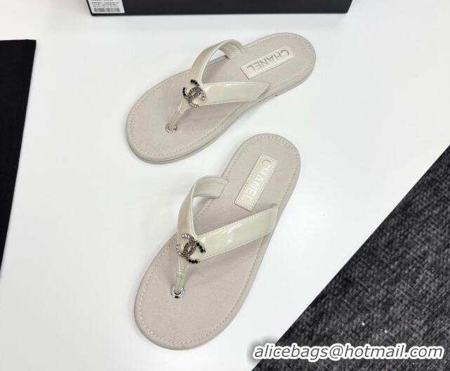 Buy Discount Chanel Lambskin Flat Slide Thong Sandals with Strass CC White 2025 CH041621