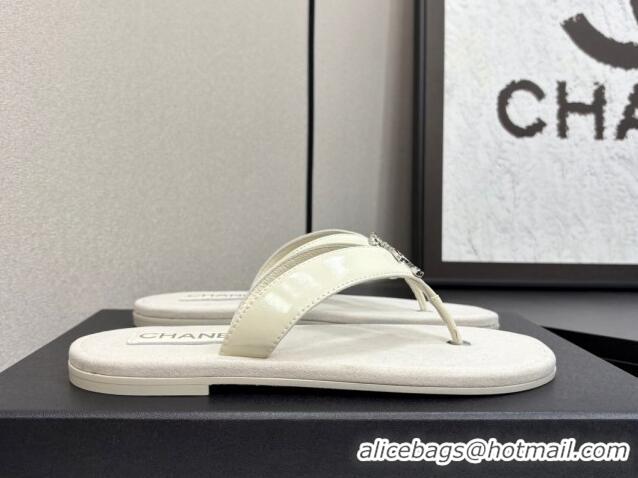 Buy Discount Chanel Lambskin Flat Slide Thong Sandals with Strass CC White 2025 CH041621