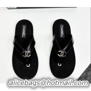 Classic Hot Chanel Lambskin Flat Slide Thong Sandals with Strass CC Black 2025 CH041621