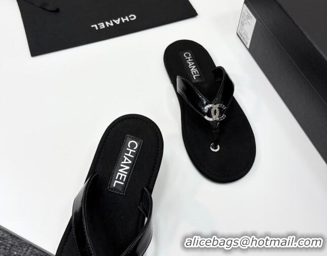 Classic Hot Chanel Lambskin Flat Slide Thong Sandals with Strass CC Black 2025 CH041621