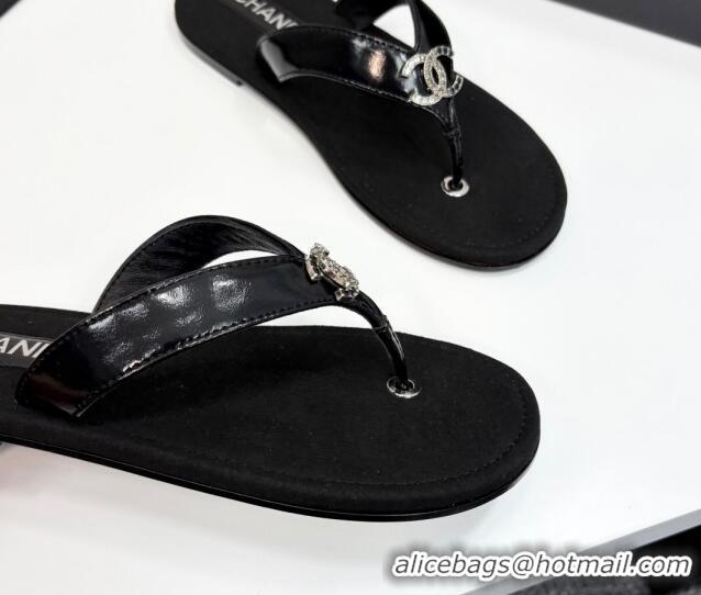 Classic Hot Chanel Lambskin Flat Slide Thong Sandals with Strass CC Black 2025 CH041621