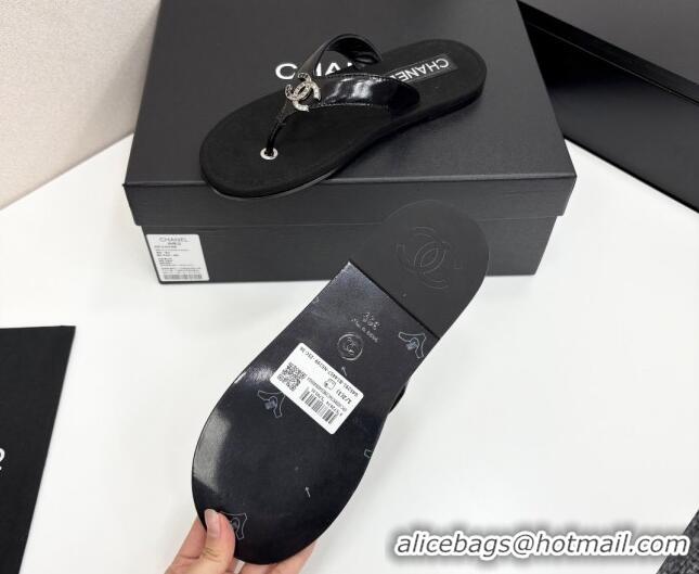 Classic Hot Chanel Lambskin Flat Slide Thong Sandals with Strass CC Black 2025 CH041621