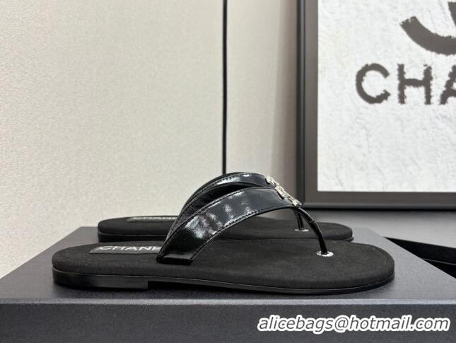 Classic Hot Chanel Lambskin Flat Slide Thong Sandals with Strass CC Black 2025 CH041621