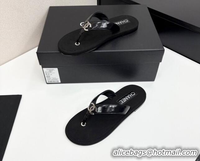 Classic Hot Chanel Lambskin Flat Slide Thong Sandals with Strass CC Black 2025 CH041621