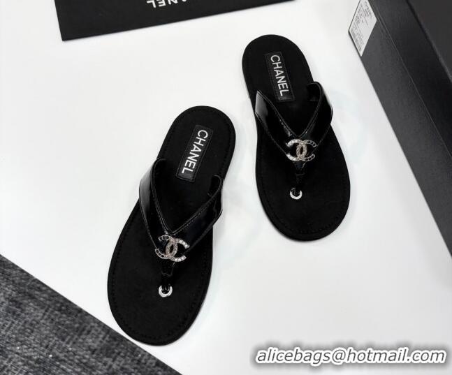Classic Hot Chanel Lambskin Flat Slide Thong Sandals with Strass CC Black 2025 CH041621