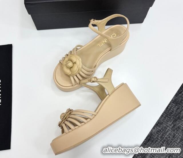 Best Product Chanel Lambskin Platform Sandals Beige 2025 CH041701