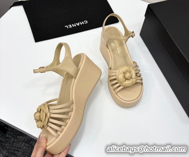 Best Product Chanel Lambskin Platform Sandals Beige 2025 CH041701