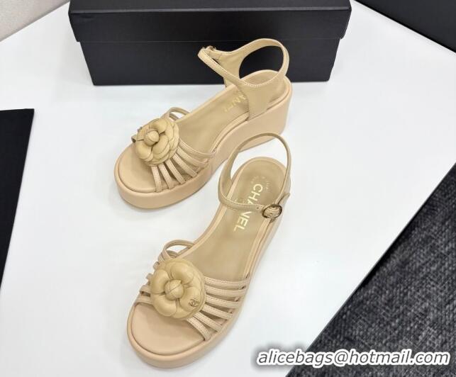 Best Product Chanel Lambskin Platform Sandals Beige 2025 CH041701