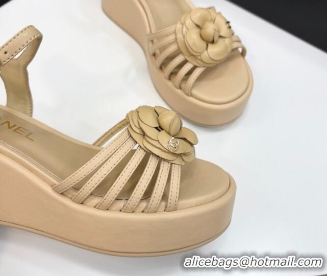 Best Product Chanel Lambskin Platform Sandals Beige 2025 CH041701