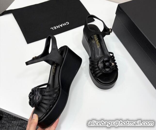 Top Grade Chanel Lambskin Platform Sandals Black 2025 CH041701