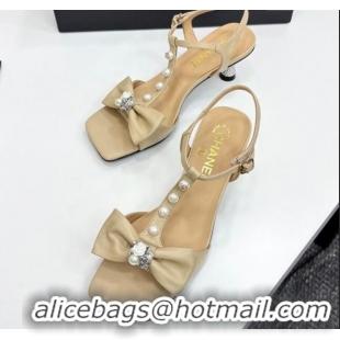 Pretty Style Chanel Lambskin Heel Sandals with Bow Beige 2025 CH041702