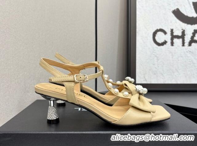 Pretty Style Chanel Lambskin Heel Sandals with Bow Beige 2025 CH041702