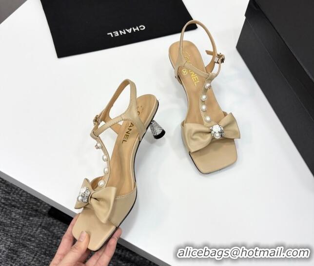 Pretty Style Chanel Lambskin Heel Sandals with Bow Beige 2025 CH041702