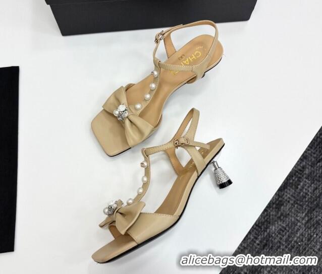 Pretty Style Chanel Lambskin Heel Sandals with Bow Beige 2025 CH041702