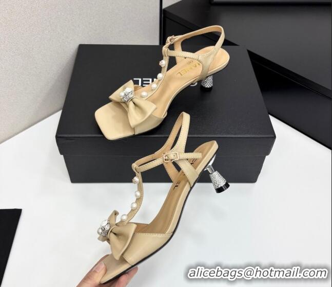 Pretty Style Chanel Lambskin Heel Sandals with Bow Beige 2025 CH041702