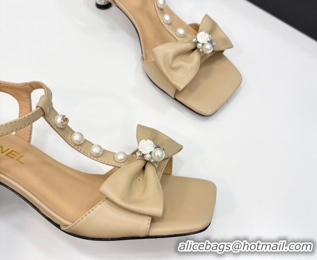 Pretty Style Chanel Lambskin Heel Sandals with Bow Beige 2025 CH041702