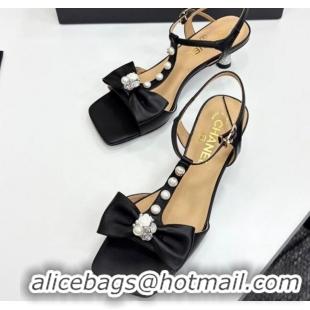 Cheap Price Chanel Lambskin Heel Sandals with Bow Black 2025 CH041702