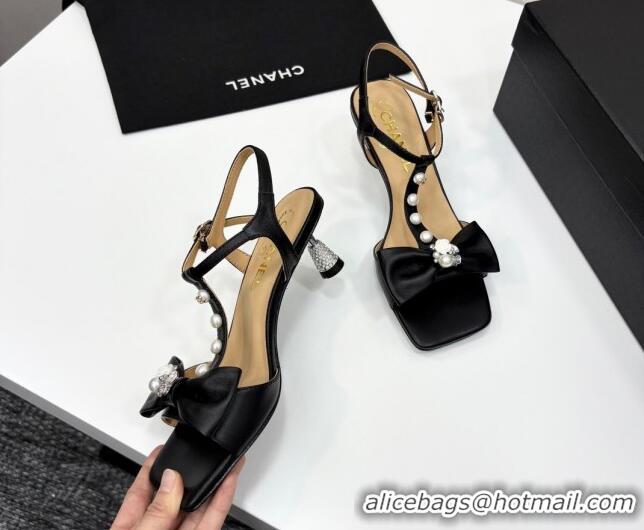 Cheap Price Chanel Lambskin Heel Sandals with Bow Black 2025 CH041702