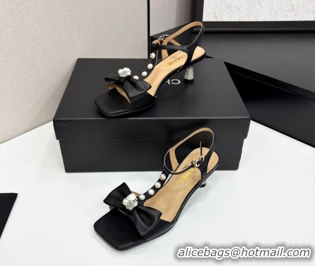 Cheap Price Chanel Lambskin Heel Sandals with Bow Black 2025 CH041702