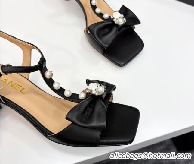 Cheap Price Chanel Lambskin Heel Sandals with Bow Black 2025 CH041702