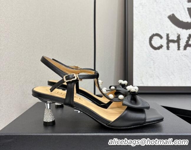 Cheap Price Chanel Lambskin Heel Sandals with Bow Black 2025 CH041702