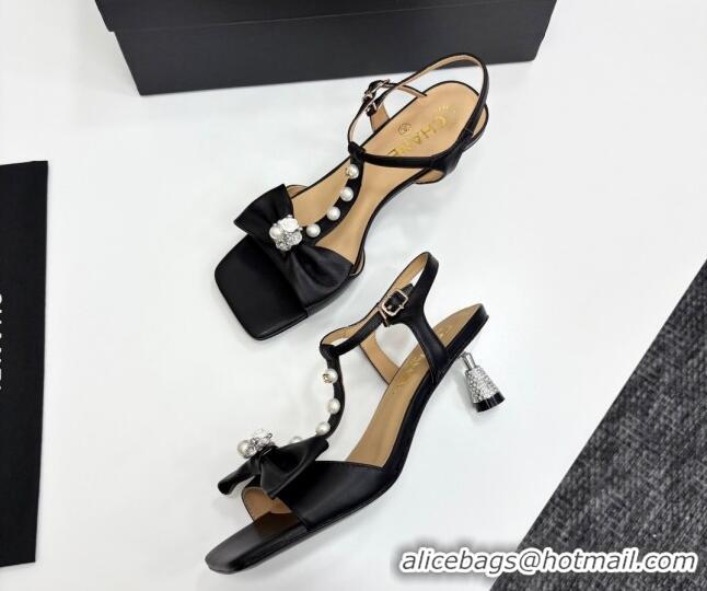 Cheap Price Chanel Lambskin Heel Sandals with Bow Black 2025 CH041702