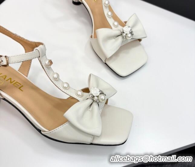 Top Design Chanel Lambskin Heel Sandals with Bow White 2025 CH041702