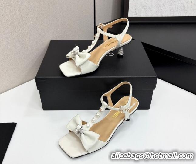 Top Design Chanel Lambskin Heel Sandals with Bow White 2025 CH041702